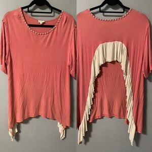 NWOT POL Pearl Detail Open Back Coral Shirt. Size Small